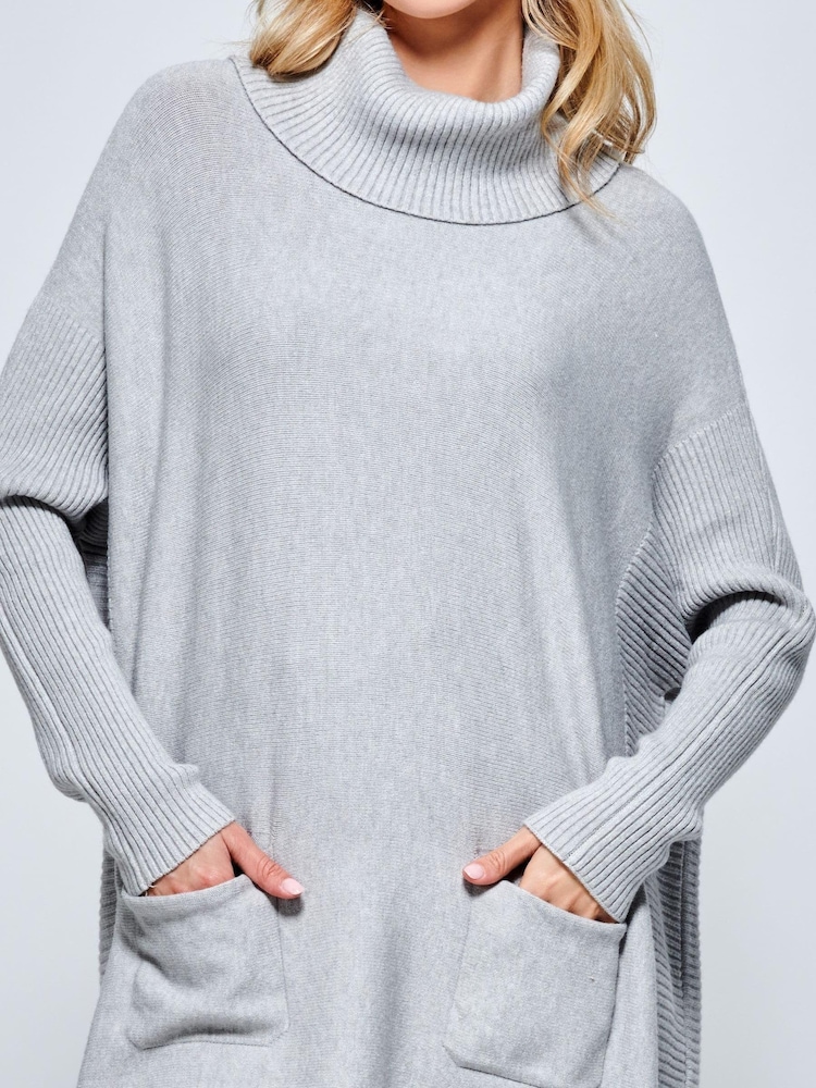Jolie Moi Grey Roll Neck Pocket Front Knit Jumper - Image 4 of 4