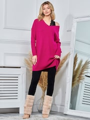 Jolie Moi Pink V-Neck Ribbed Knit Tunic Jumper - Image 4 of 5