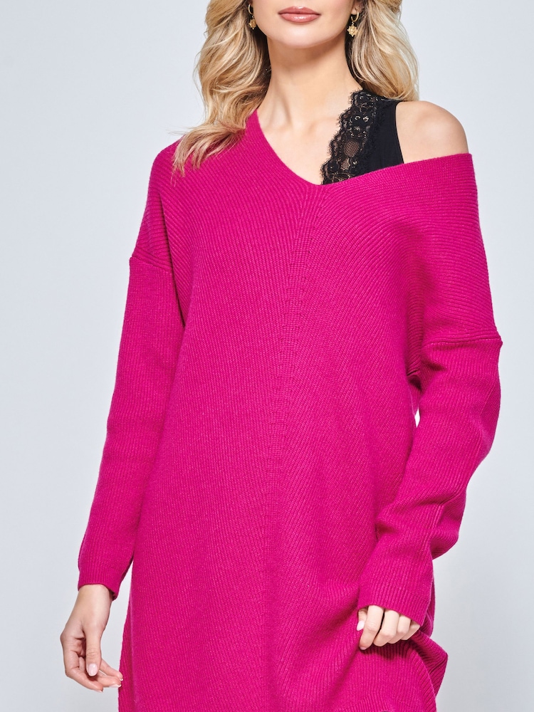 Jolie Moi Pink V-Neck Ribbed Knit Tunic Jumper - Image 5 of 5