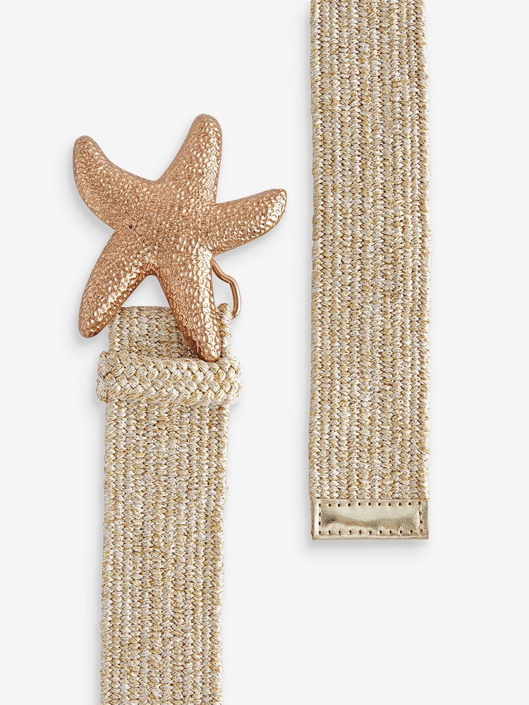Natural With Starfish Gold Buckle Raffia Wide Belt - Image 4 of 4