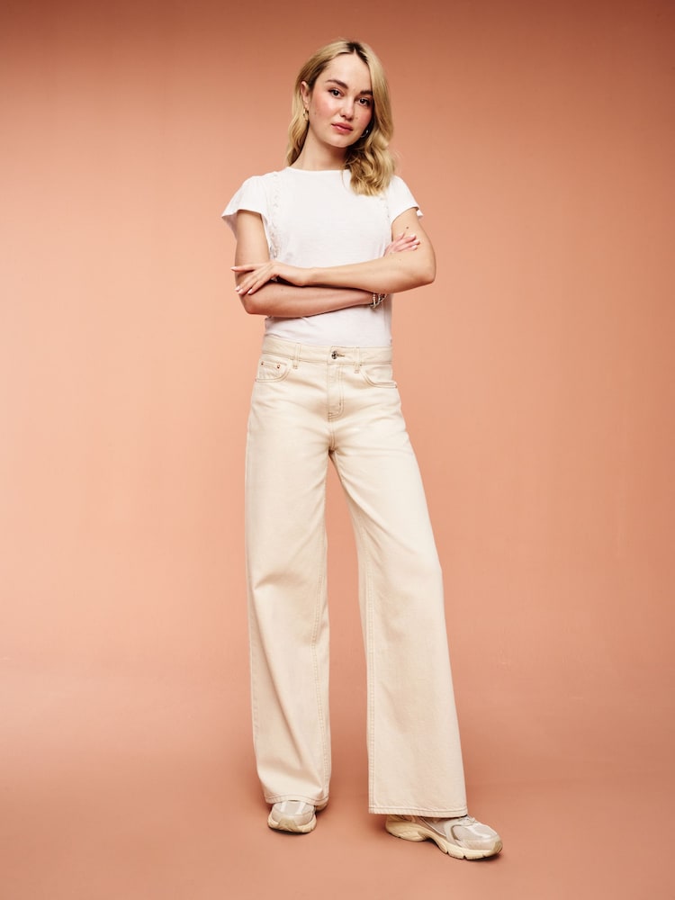Cream 100% Cotton Wide Leg Jeans - Image 1 of 5