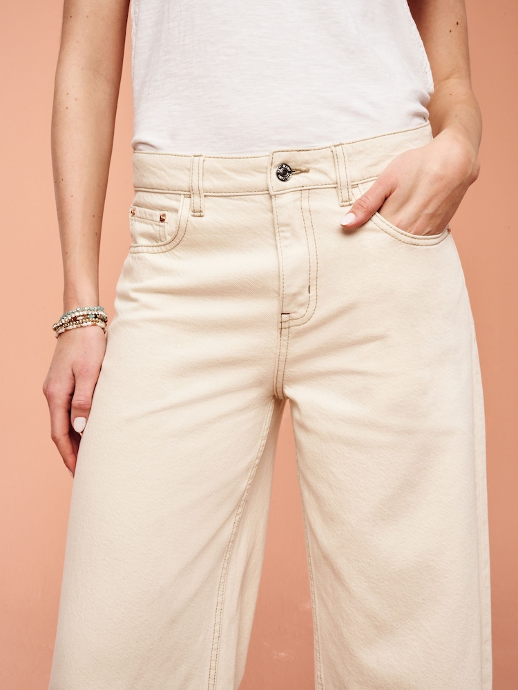 Cream 100% Cotton Wide Leg Jeans - Image 4 of 5