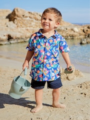 JoJo Maman Bébé Navy Blue Tropical Bird Printed Short Sleeve Shirt - Image 1 of 4
