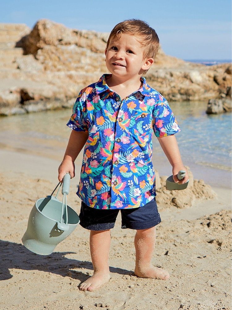 JoJo Maman Bébé Navy Blue Tropical Bird Printed Short Sleeve Shirt - Image 1 of 4