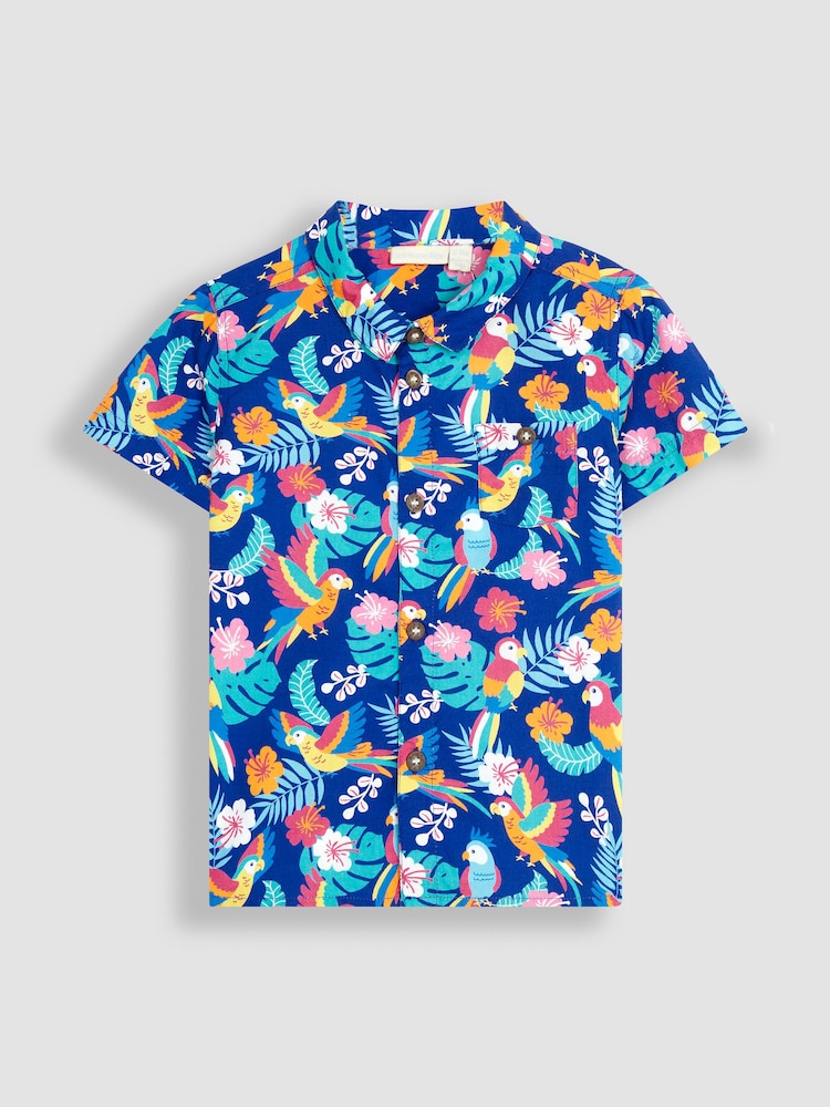 JoJo Maman Bébé Navy Blue Tropical Bird Printed Short Sleeve Shirt - Image 2 of 4