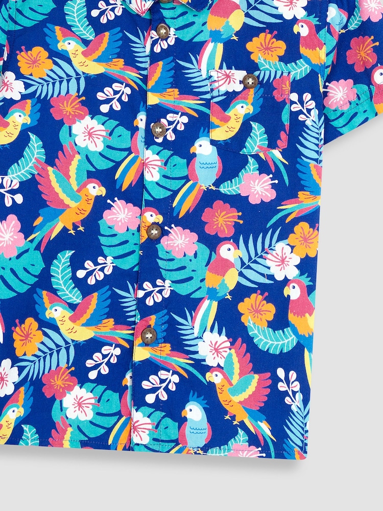 JoJo Maman Bébé Navy Blue Tropical Bird Printed Short Sleeve Shirt - Image 4 of 4