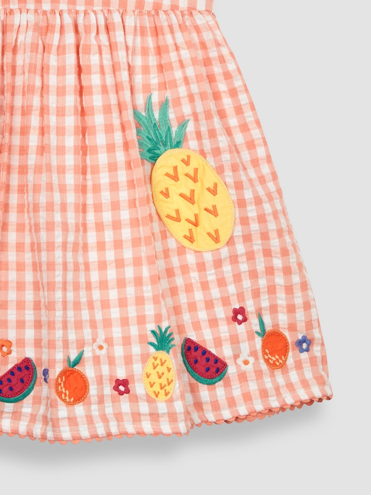 JoJo Maman Bébé Orange Pineapple Appliqué Gingham Summer Dress - Image 5 of 5