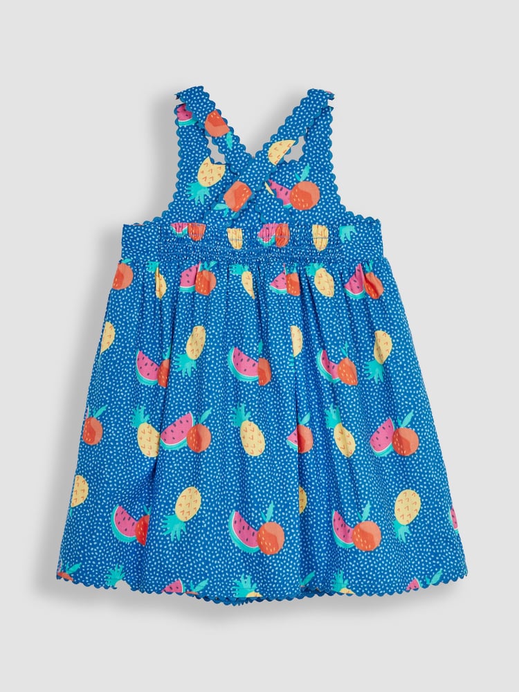 JoJo Maman Bébé Blue Bright Fruits Cross Back Dress - Image 2 of 3 JoJo Maman Bébé Blue Bright Fruits Cross Back Dress - Image 2 of 3