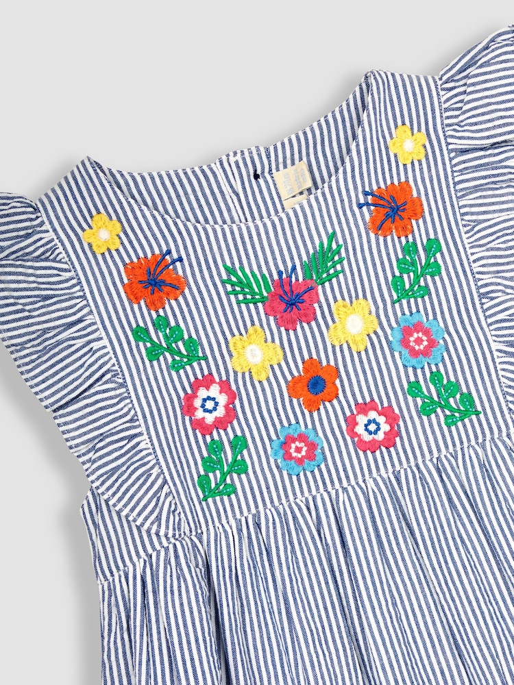 JoJo Maman Bébé Navy White Stripe Floral Appliqué Pretty Summer Dress - Image 2 of 5