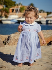 JoJo Maman Bébé Blue Sailboat Embroidered Smocked Dress - Image 1 of 5