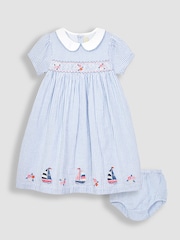 JoJo Maman Bébé Blue Sailboat Embroidered Smocked Dress - Image 2 of 5
