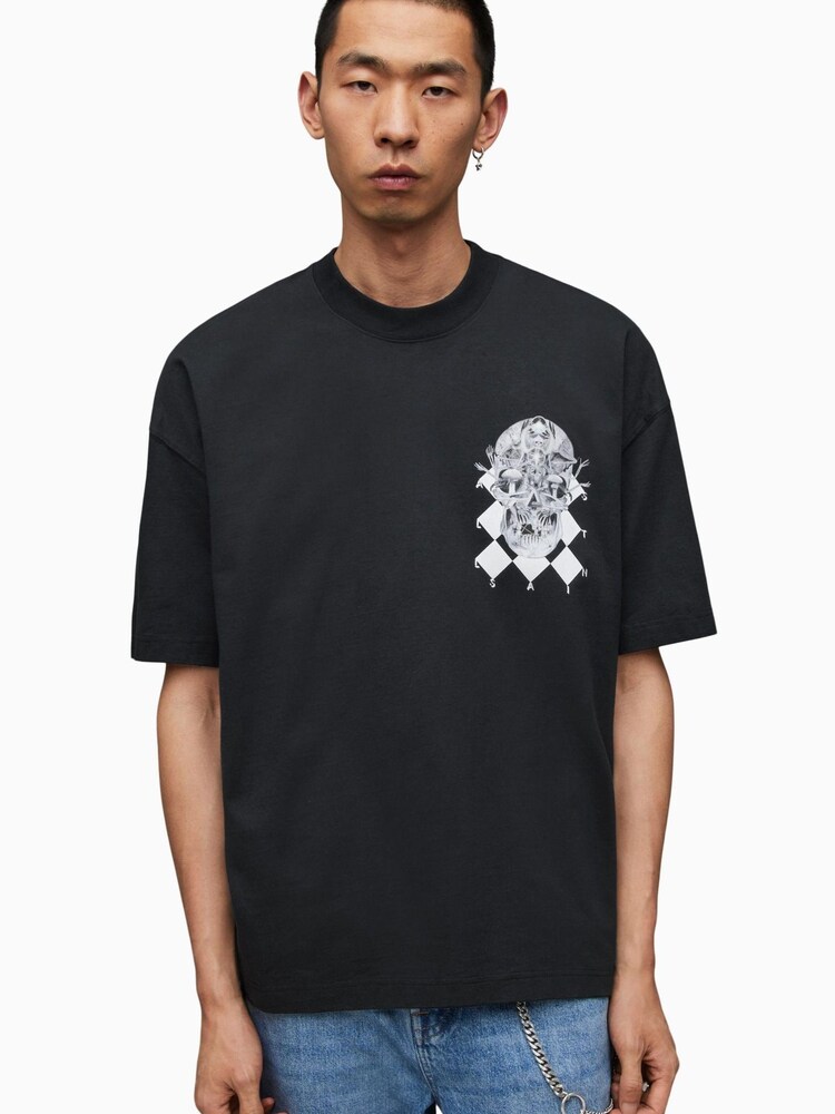 AllSaints Black Grid Crew T-Shirt - Image 1 of 7