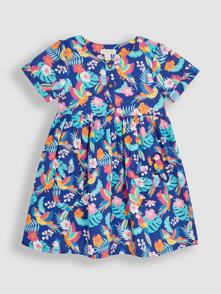 JoJo Maman Bébé Navy Blue Bird Button Front Pet In Pocket Summer Dress - Image 1 of 4