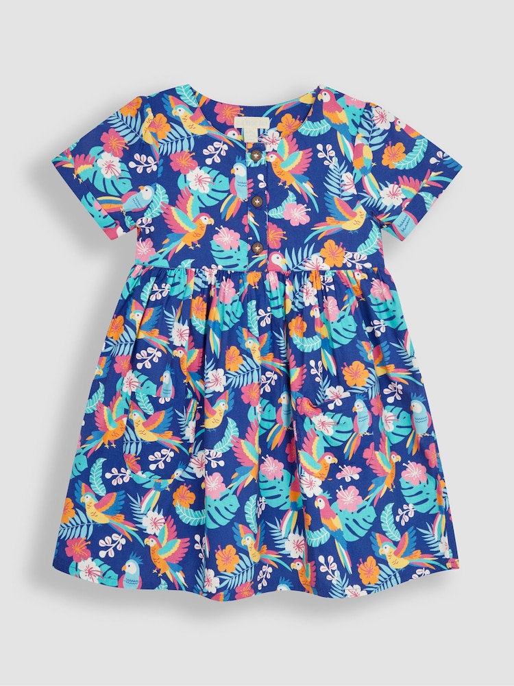 JoJo Maman Bébé Navy Blue Bird Button Front Pet In Pocket Summer Dress - Image 2 of 4