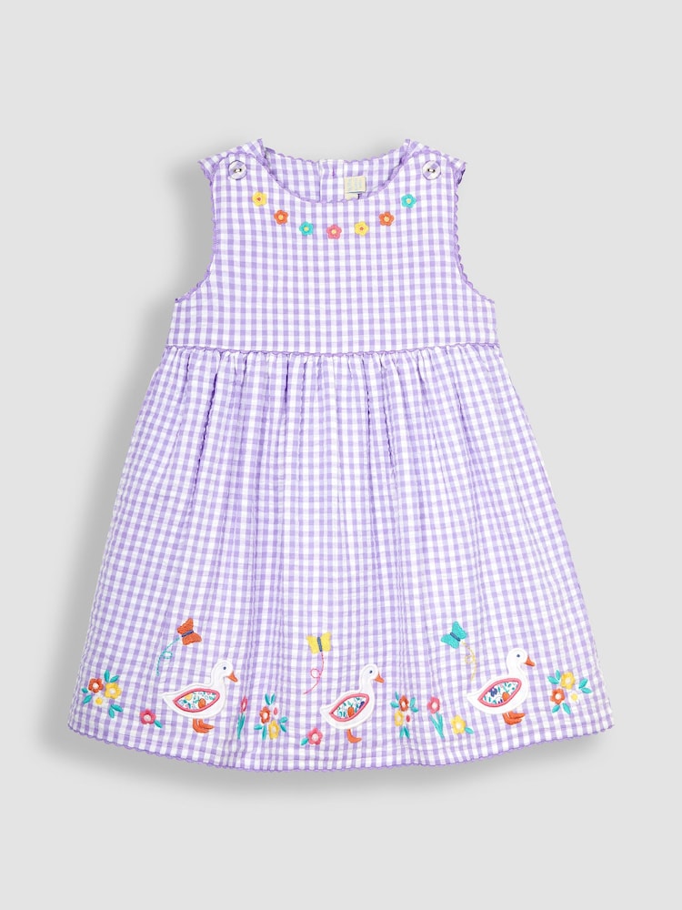 JoJo Maman Bébé Lilac Purple Duck Appliqué Gingham Summer Dress - Image 1 of 3