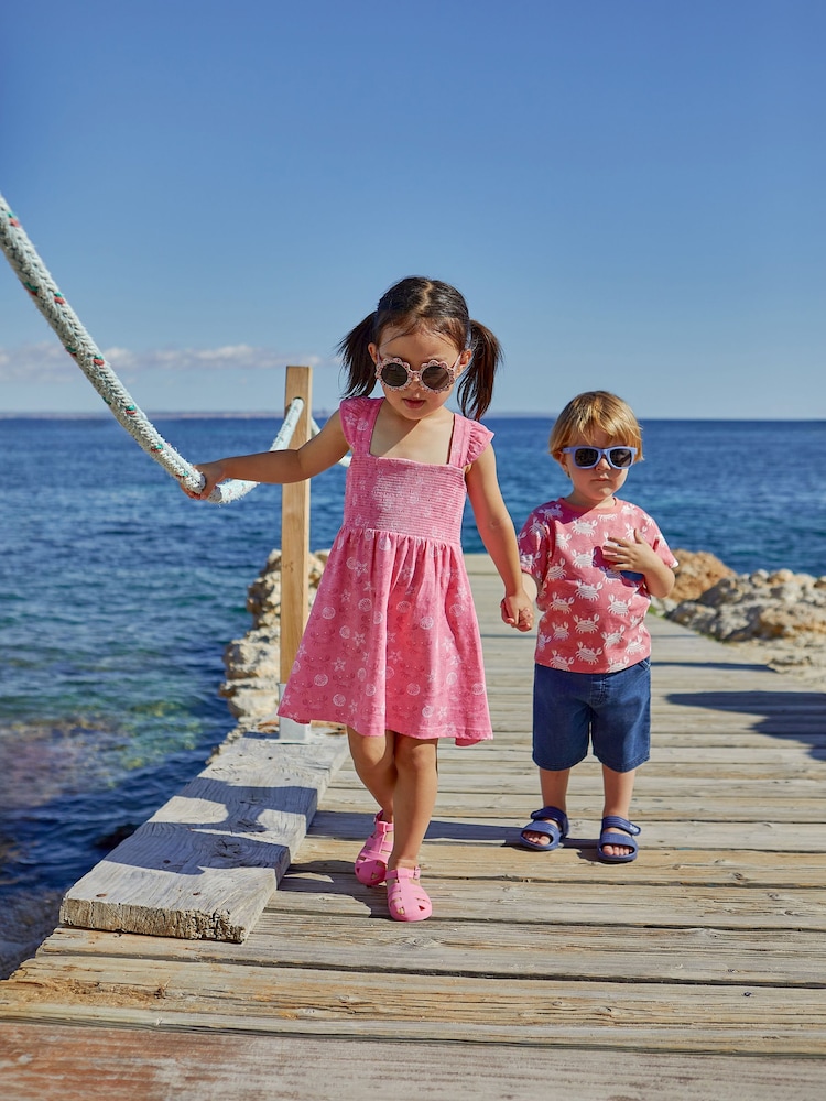 JoJo Maman Bébé Coral Pink Crab Cross Back Smocked Jersey Dress - Image 1 of 5