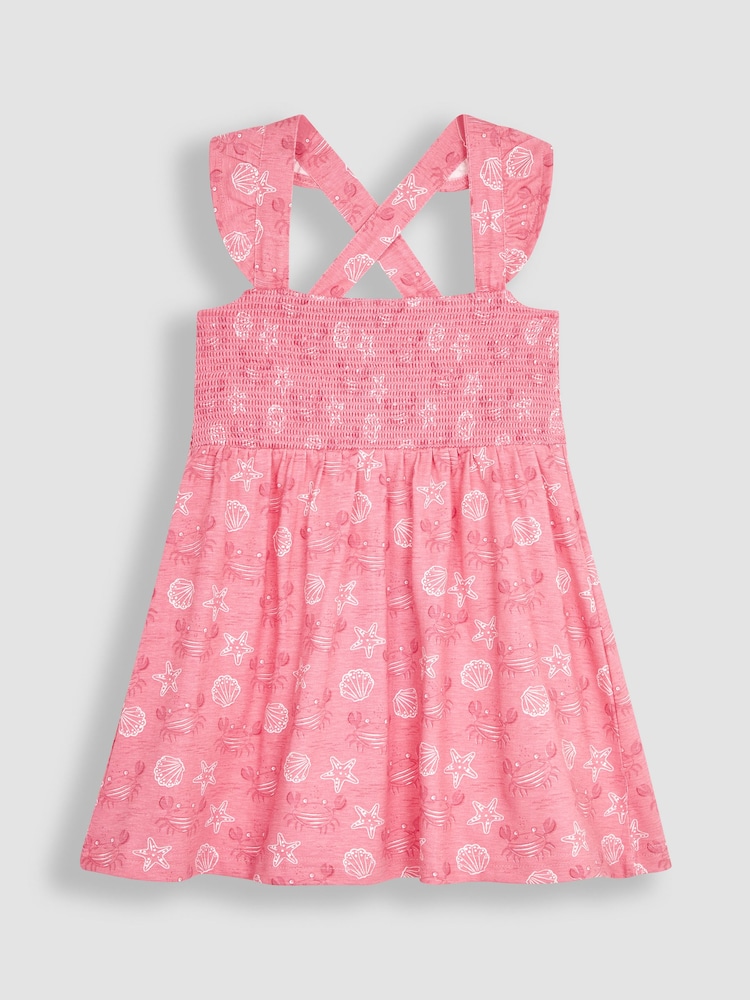 JoJo Maman Bébé Coral Pink Crab Cross Back Smocked Jersey Dress - Image 2 of 5