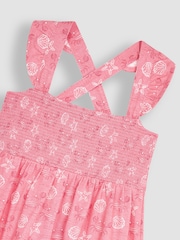 JoJo Maman Bébé Coral Pink Crab Cross Back Smocked Jersey Dress - Image 4 of 5