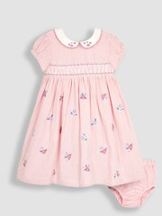 JoJo Maman Bébé Coral Pink Floral Embroidered Smocked Dress - Image 1 of 4