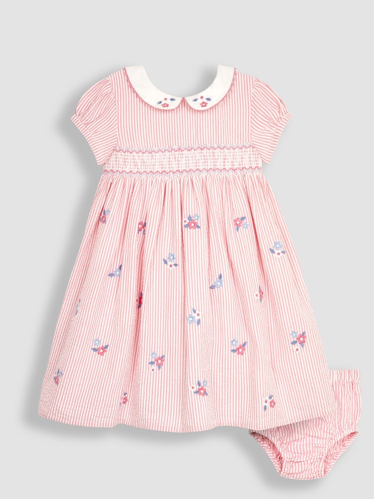 JoJo Maman Bébé Coral Pink Floral Embroidered Smocked Dress - Image 1 of 4