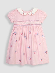 JoJo Maman Bébé Coral Pink Floral Embroidered Smocked Dress - Image 2 of 4