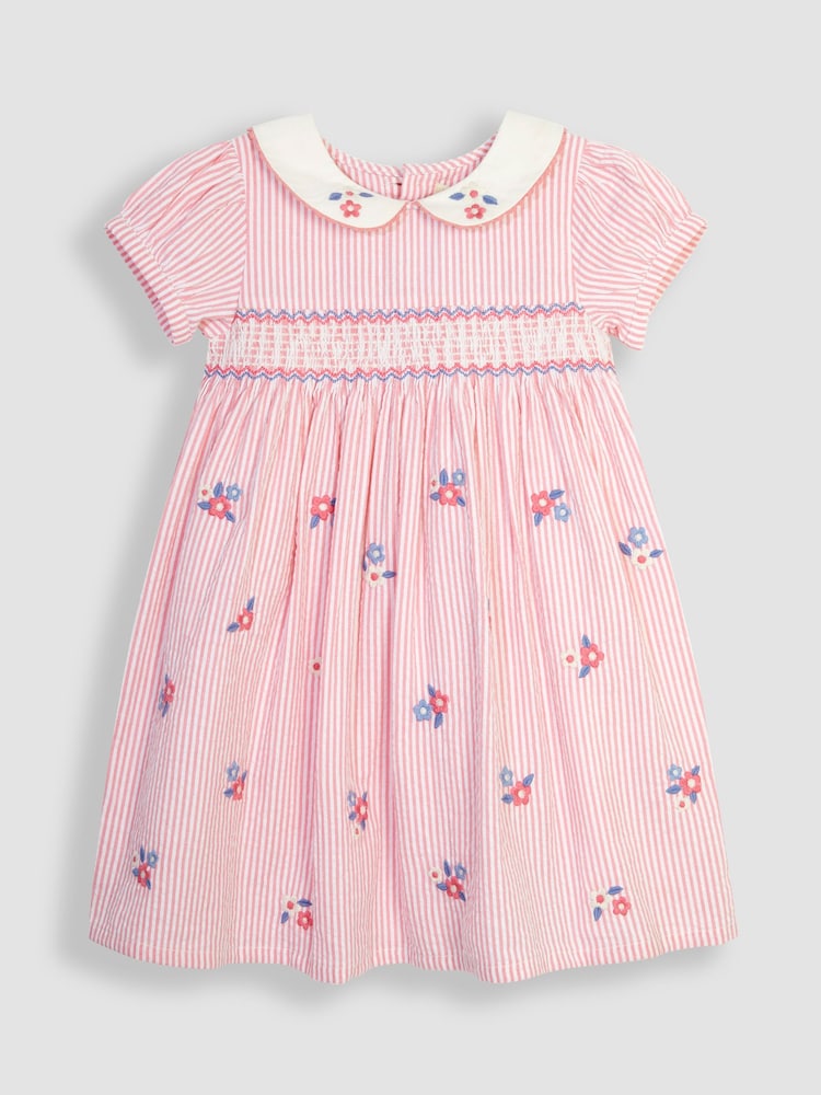 JoJo Maman Bébé Coral Pink Floral Embroidered Smocked Dress - Image 2 of 4