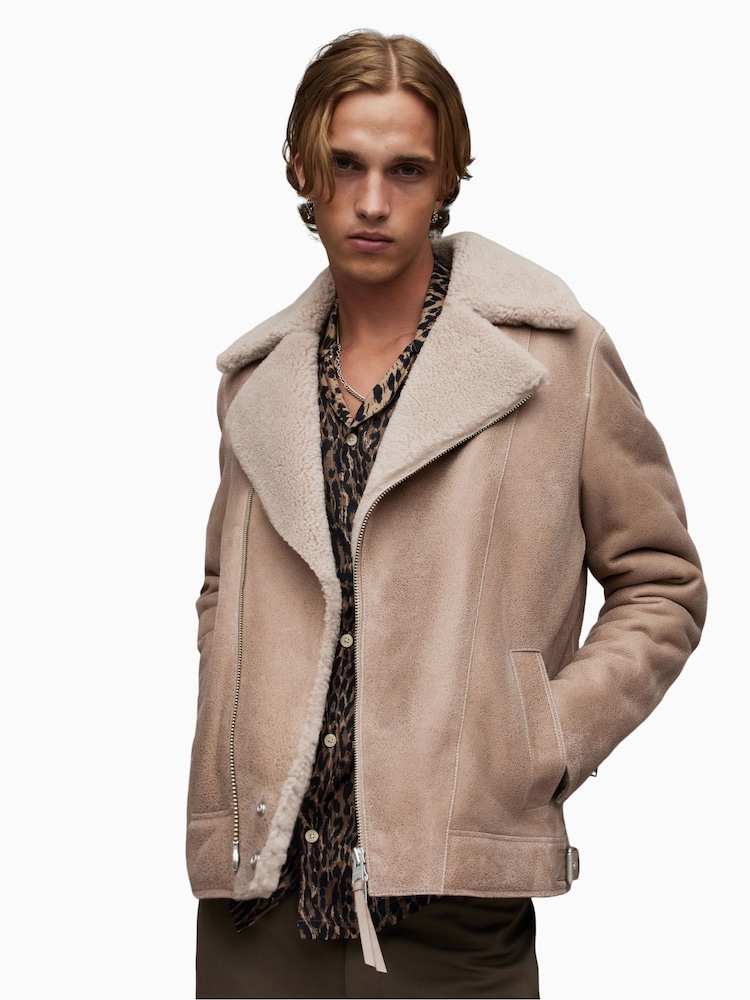 AllSaints Natural Rasco Shearling Biker Jacket - Image 1 of 8