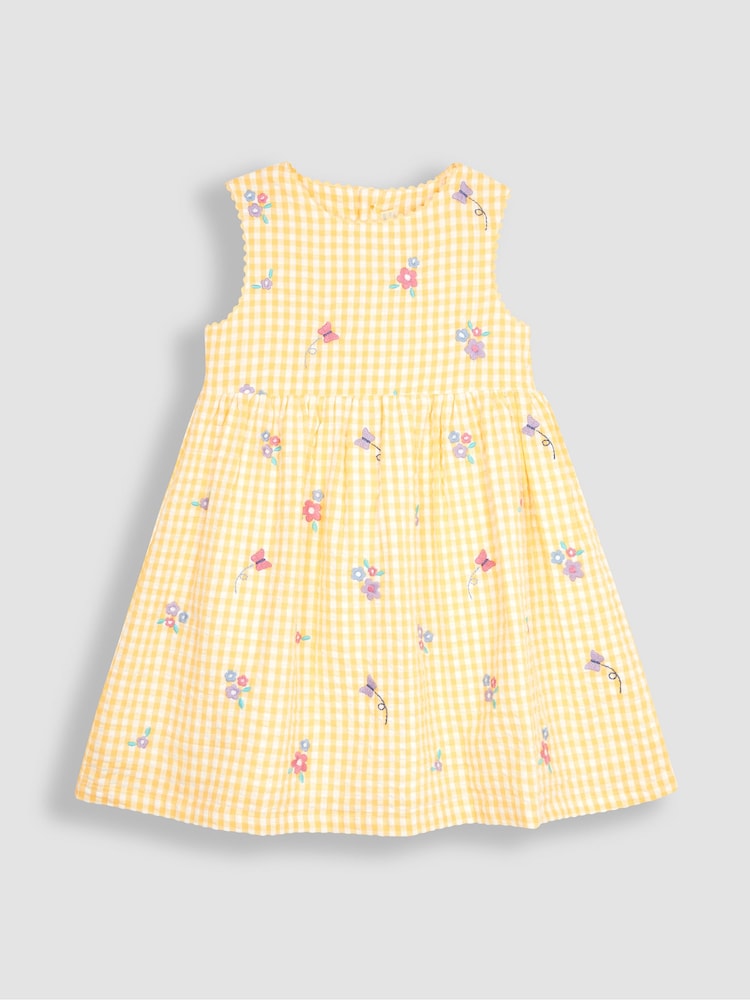 JoJo Maman Bébé Yellow Butterfly Gingham Embroidered Summer Dress - Image 1 of 3