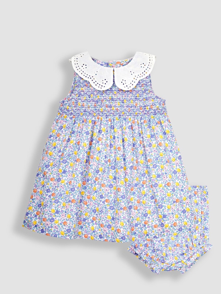 JoJo Maman Bébé Lilac Orange & Lemon Ditsy Floral Collar Smocked Dress - Image 2 of 5