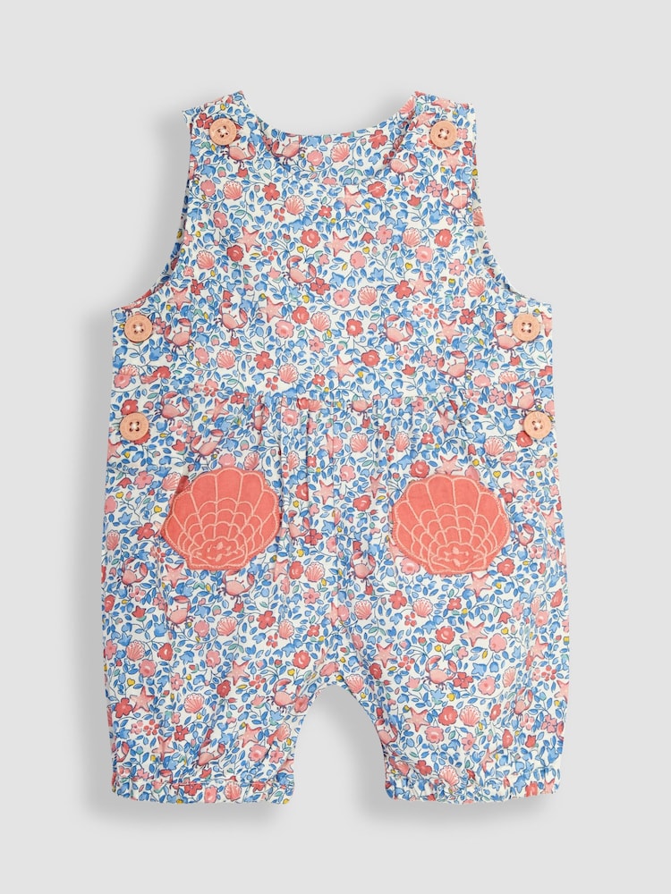 JoJo Maman Bébé Blue Seashell Appliqué Pocket Ditsy Floral Dungarees - Image 1 of 3