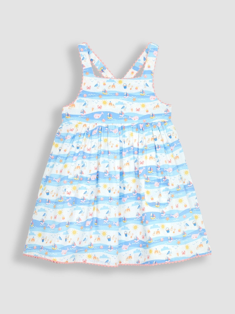 JoJo Maman Bébé Blue Seaside Scene Cross Back Dress - Image 1 of 3