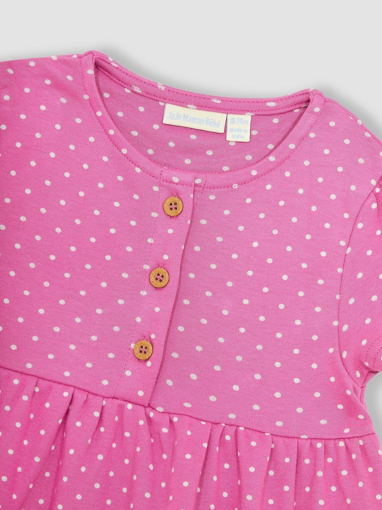 JoJo Maman Bébé Fuchsia Pink Dinosaur Spot Appliqué Button Front Jersey Dress - Image 4 of 4
