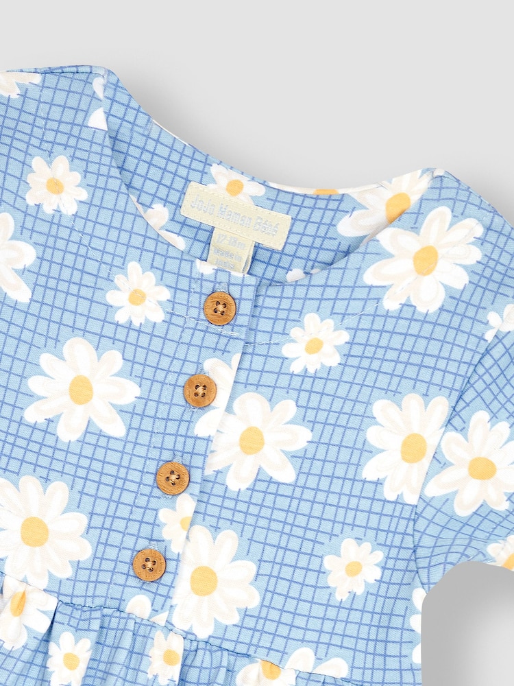 JoJo Maman Bébé Blue Daisy Button Front Jersey Dress - Image 3 of 3