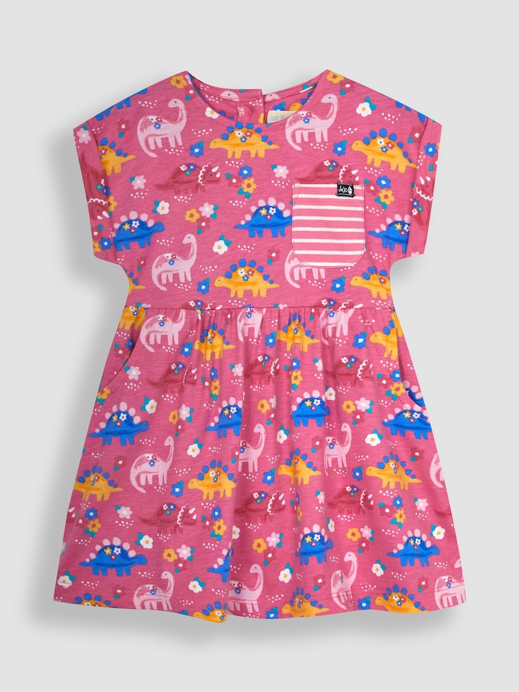 JoJo Maman Bébé Pink Floral Dinosaur Drop Shoulder Jersey Dress - Image 1 of 3