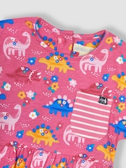 JoJo Maman Bébé Pink Floral Dinosaur Drop Shoulder Jersey Dress - Image 2 of 3