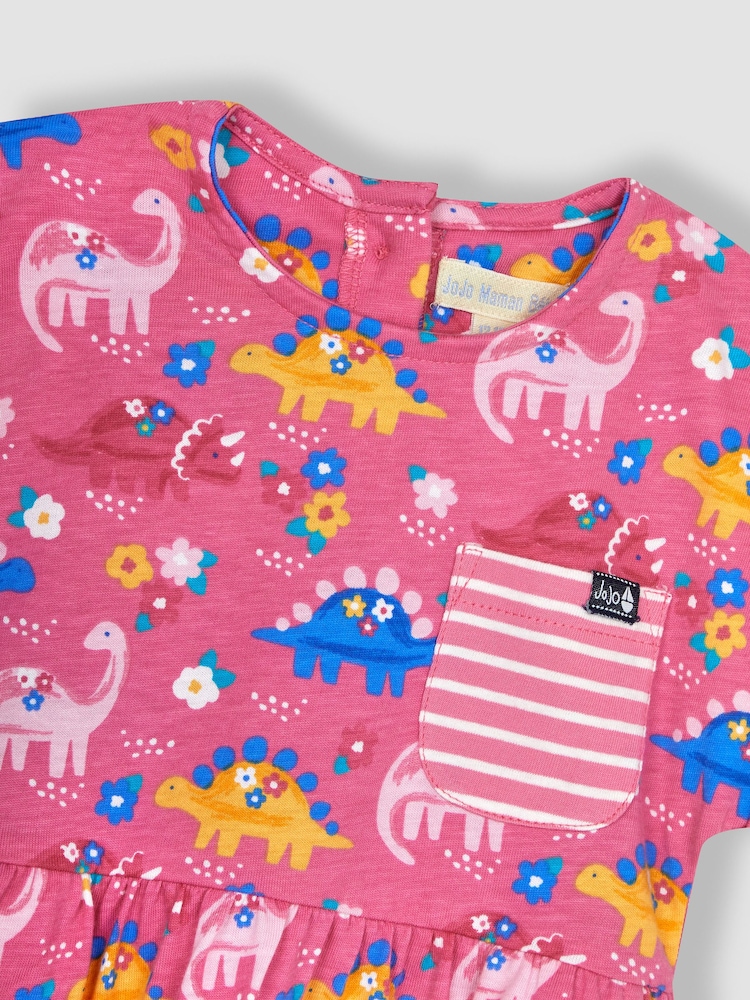 JoJo Maman Bébé Pink Floral Dinosaur Drop Shoulder Jersey Dress - Image 2 of 3