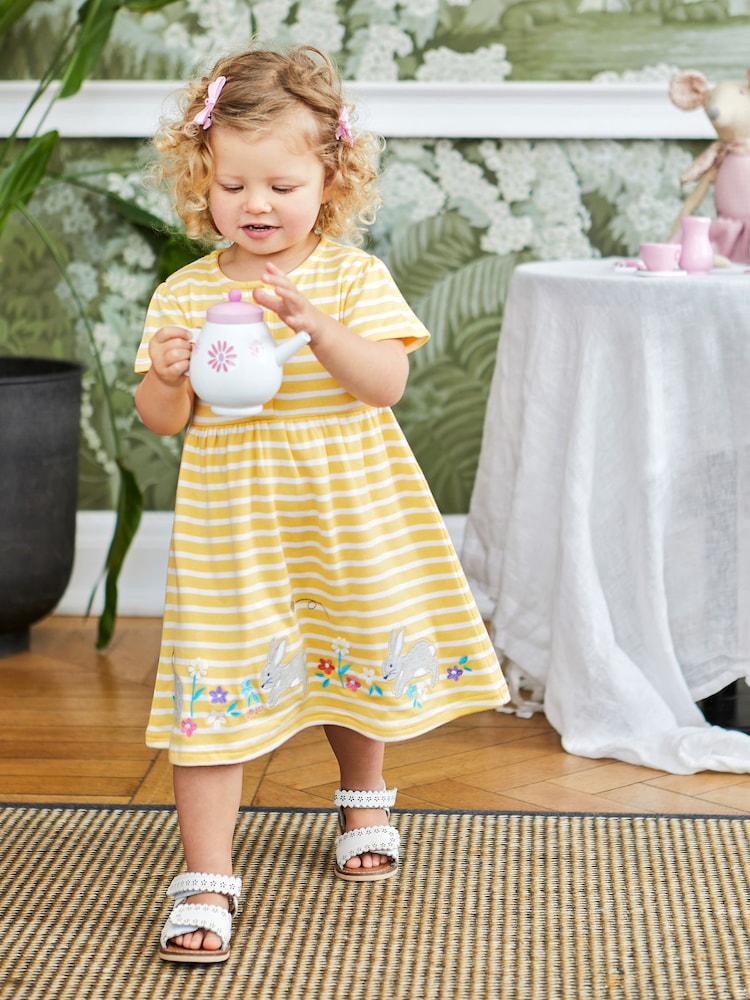 JoJo Maman Bébé Yellow Bunny Stripe Appliqué Button Front Jersey Dress - Image 1 of 5