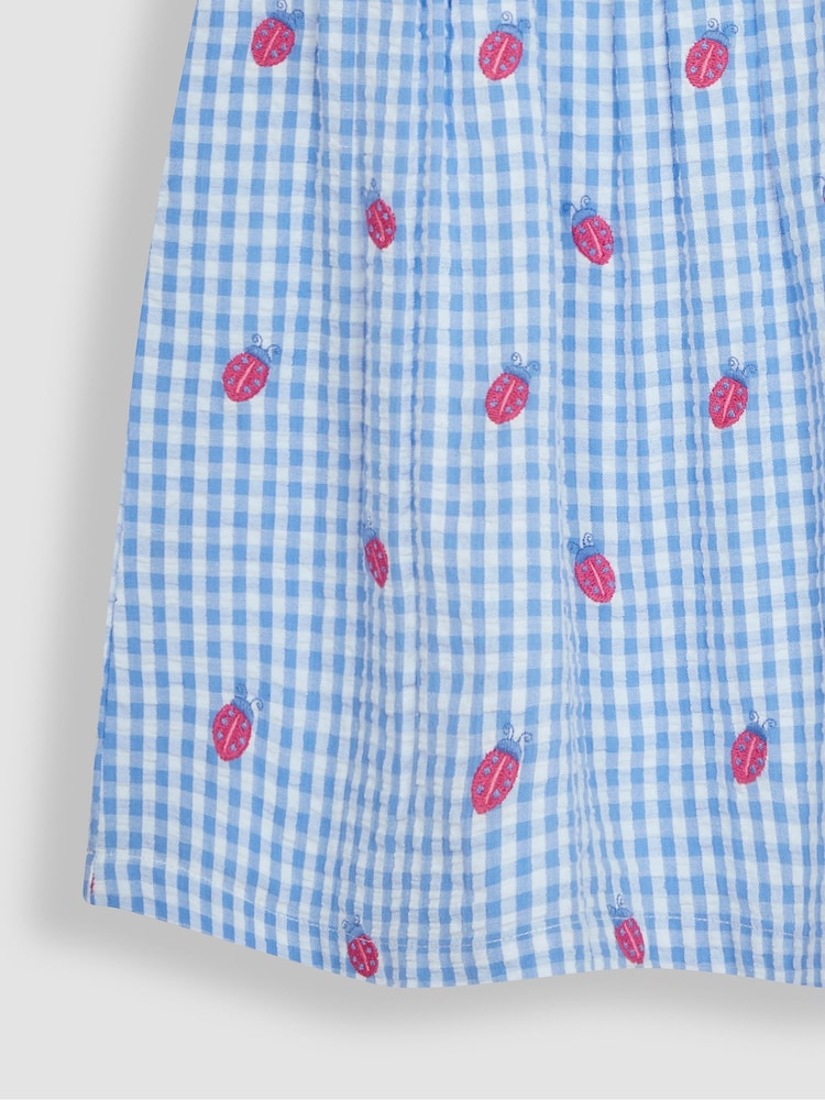 JoJo Maman Bébé Blue Ladybird Gingham Embroidered Summer Dress - Image 5 of 5