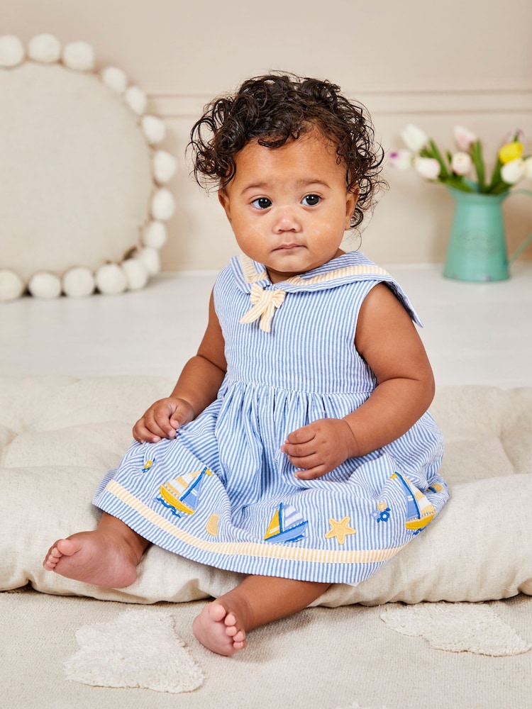 JoJo Maman Bébé Blue Boat Appliqué Sailor Baby Dress - Image 1 of 6