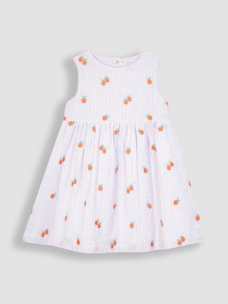 JoJo Maman Bébé Lilac Orange Stripe Embroidered Summer Dress - Image 1 of 3 JoJo Maman Bébé Lilac Orange Stripe Embroidered Summer Dress - Image 1 of 3