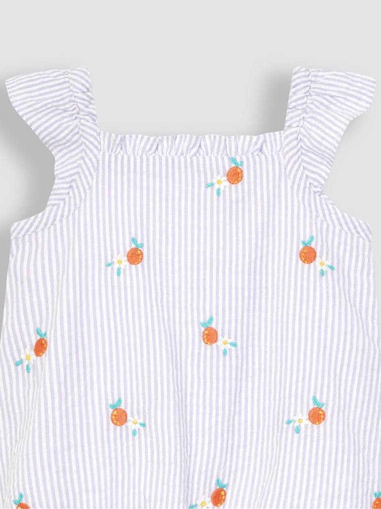 JoJo Maman Bébé Lilac Purple Orange Embroidered Seersucker Sunsuit - Image 3 of 3