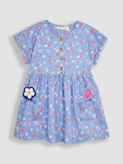 JoJo Maman Bébé Blue Strawberry & Bee Button Front Pet In Pocket Jersey Dress - Image 2 of 7