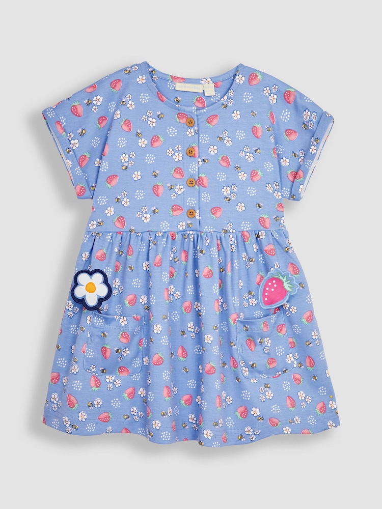 JoJo Maman Bébé Blue Strawberry & Bee Button Front Pet In Pocket Jersey Dress - Image 2 of 7