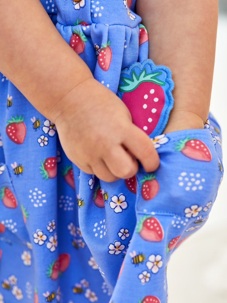 JoJo Maman Bébé Blue Strawberry & Bee Button Front Pet In Pocket Jersey Dress - Image 7 of 7