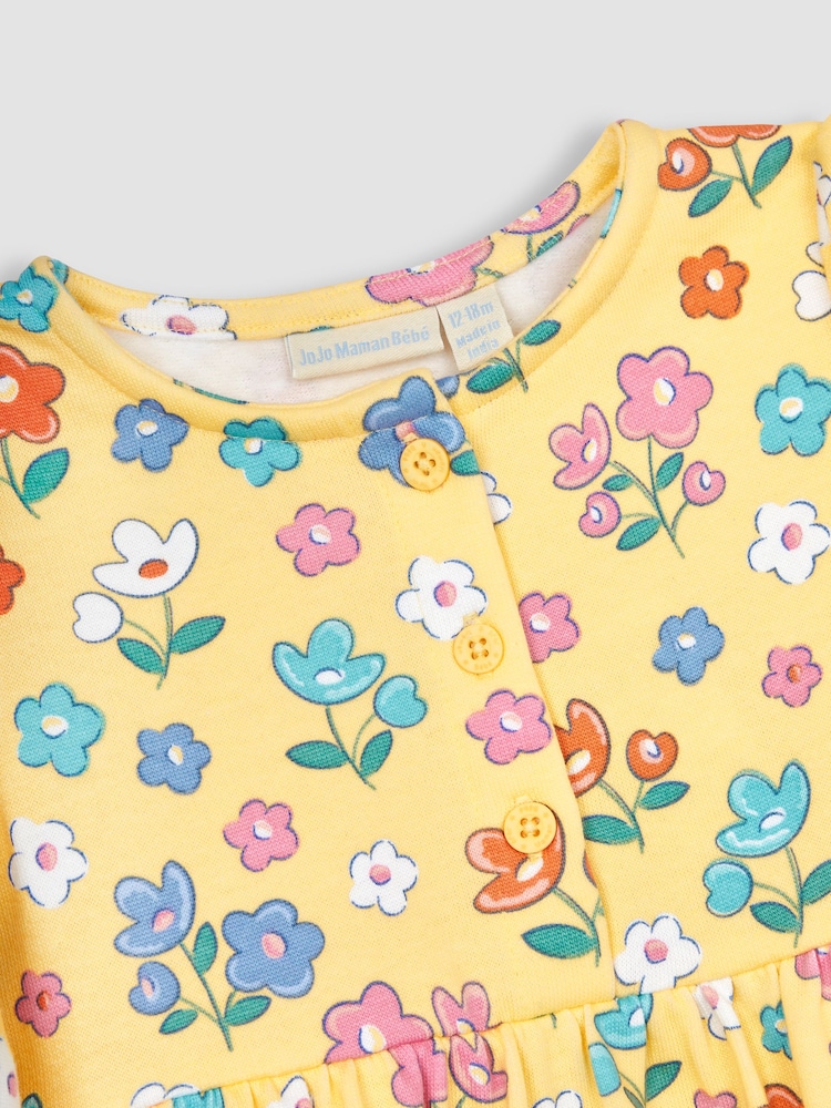 JoJo Maman Bébé Yellow Floral Button Front Sweat Jersey Dress - Image 2 of 3