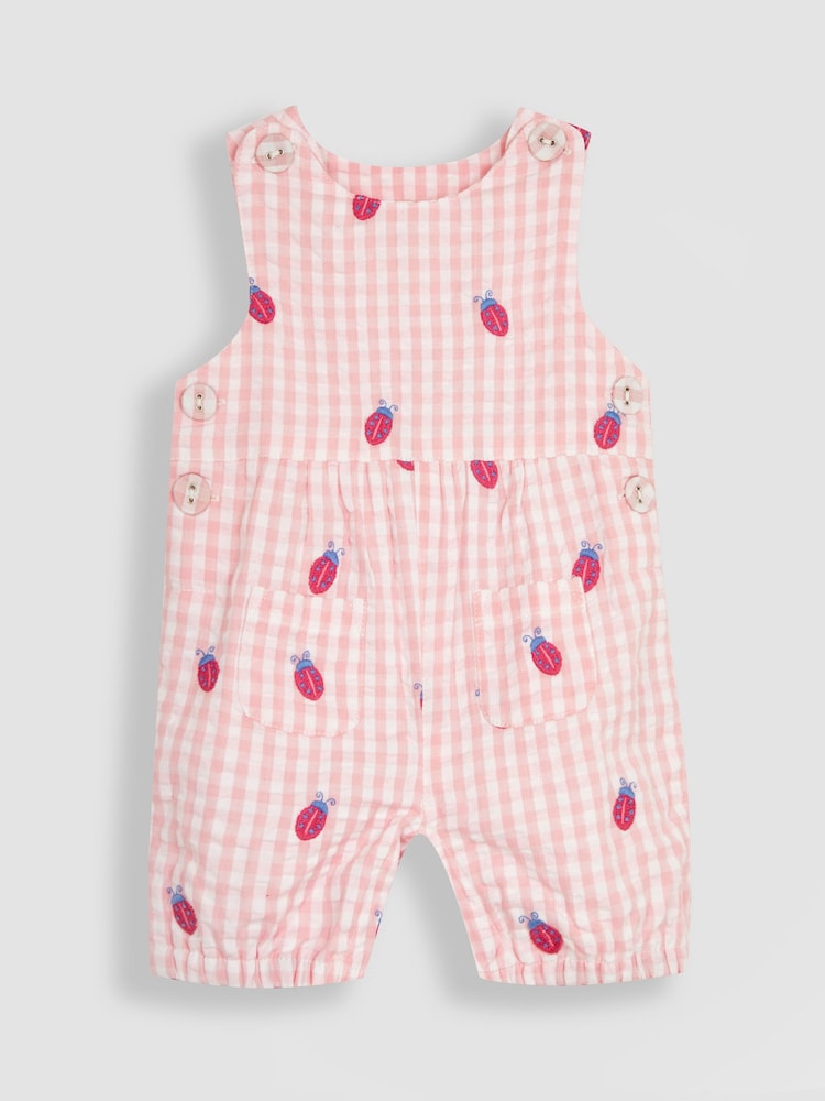 JoJo Maman Bébé Pink Ladybird Embroidered Gingham Dungarees - Image 1 of 4