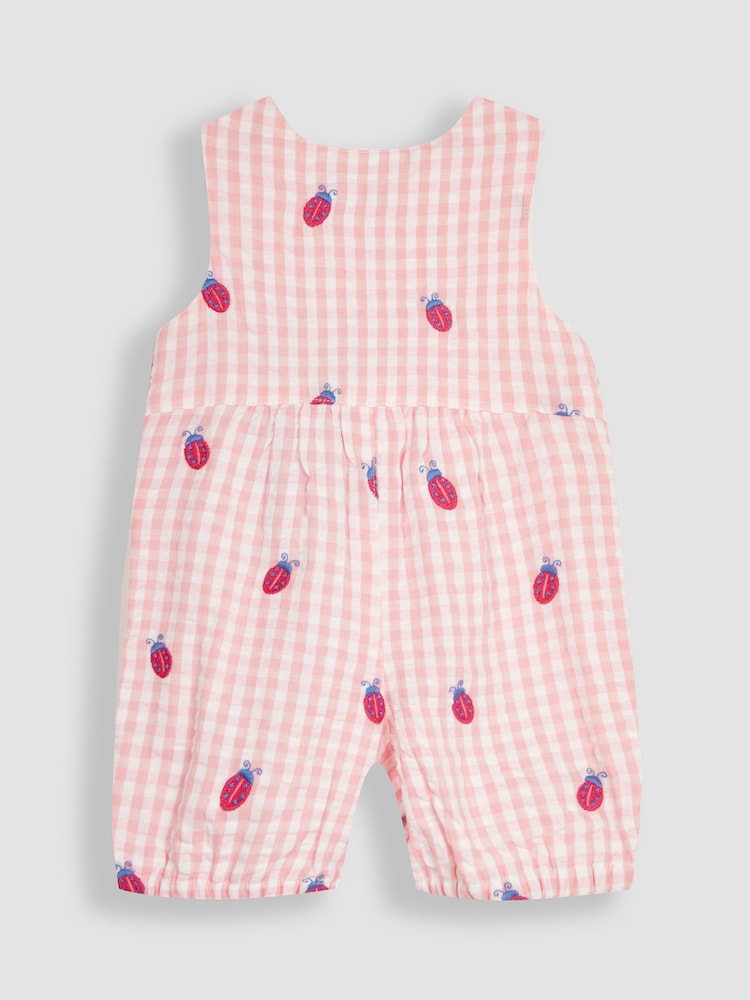 JoJo Maman Bébé Pink Ladybird Embroidered Gingham Dungarees - Image 2 of 4