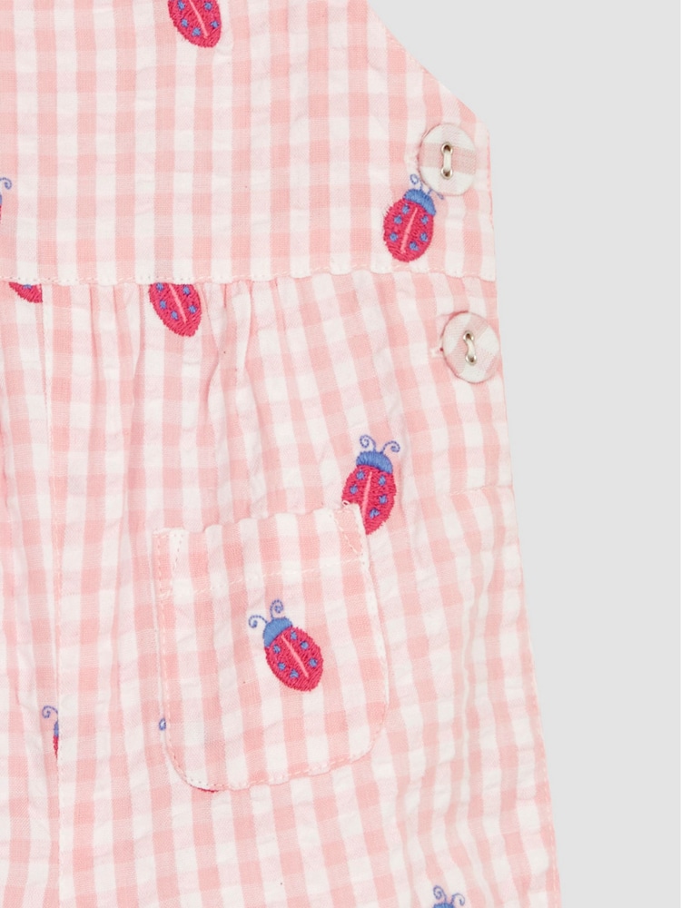 JoJo Maman Bébé Pink Ladybird Embroidered Gingham Dungarees - Image 4 of 4