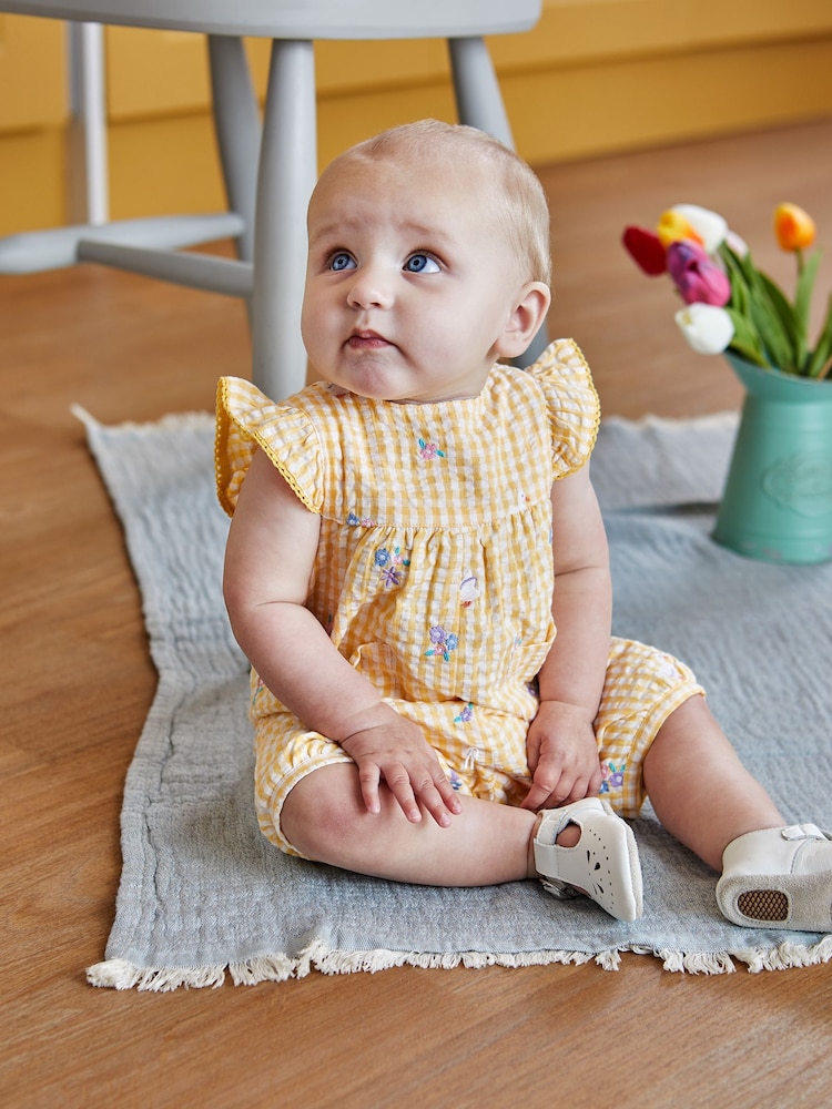 JoJo Maman Bébé Yellow Gingham Duck Embroidered Pretty Sunsuit - Image 1 of 4