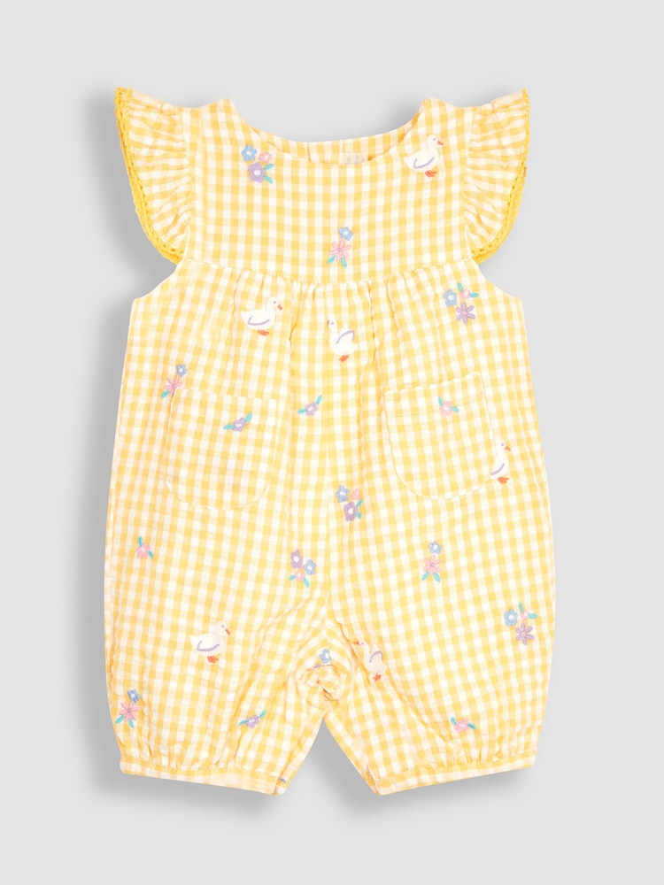 JoJo Maman Bébé Yellow Gingham Duck Embroidered Pretty Sunsuit - Image 2 of 4